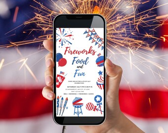 4. Juli, sofortiger Download, 4. Juli digitale Einladung, 4. Juli Party einladen, Feuerwerk, Essen und Spaß, Unabhängigkeitstag einladen,