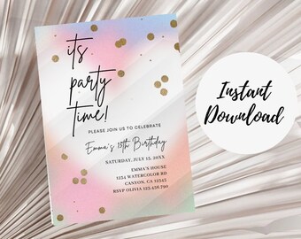 Pode incluir: Um convite em degradê rosa, azul e amarelo com confete dourado brilhante. O texto diz "É hora da festa!" e inclui detalhes para a festa de aniversário de 15 anos da Emma.