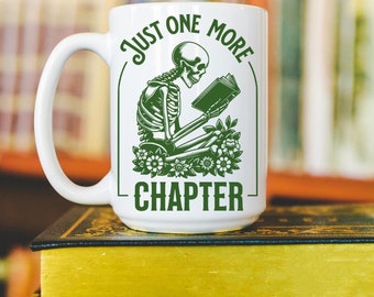 One More Chapter Mug, Book Lover Gift, Skeleton Reading Coffee Cup