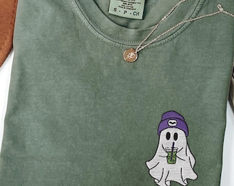 Embroidered Ghost Matcha Shirt, Comfort Colors Halloween Tee