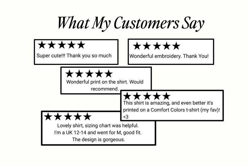 May include: Image with the text "What My Customers Say" above customer reviews. Each review is in a white rectangle with a black border and includes a five-star rating. The reviews praise the shirt's embroidery, print, and design.