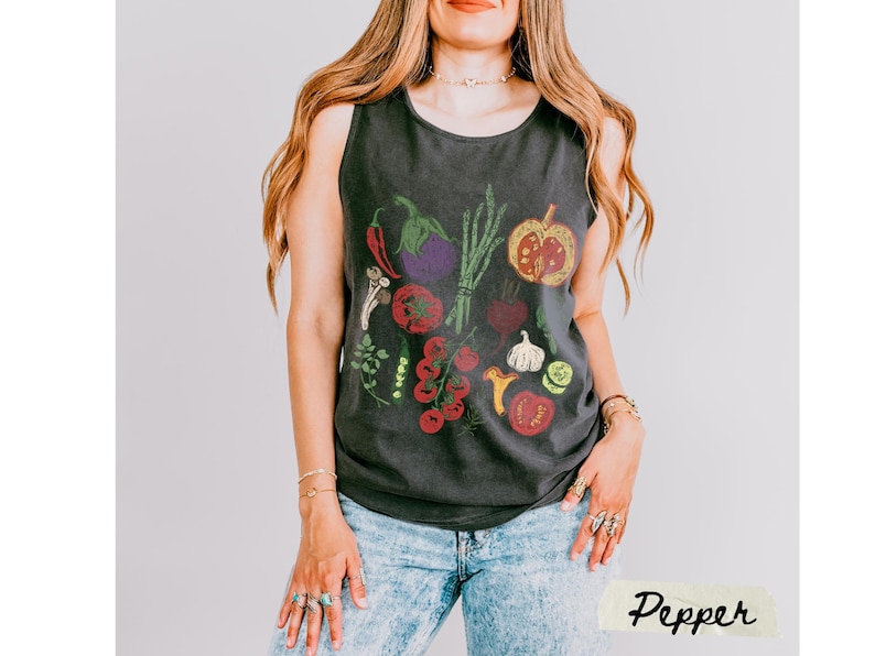 Hand Drawn Vegetables Tank Top, Comfort Colors Farmers Market Shirt Pepper