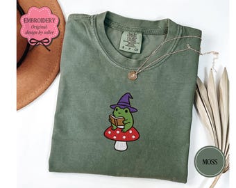 Frog Wizard Mushroom Book Embroidered Shirt, Comfort Colors Bookish Shirt