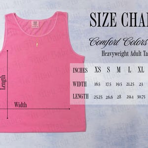 May include: A pink heavyweight adult tank top with a size chart. The chart shows measurements in inches for width and length, ranging from XS to 3XL. The tank top has a small gold pendant.