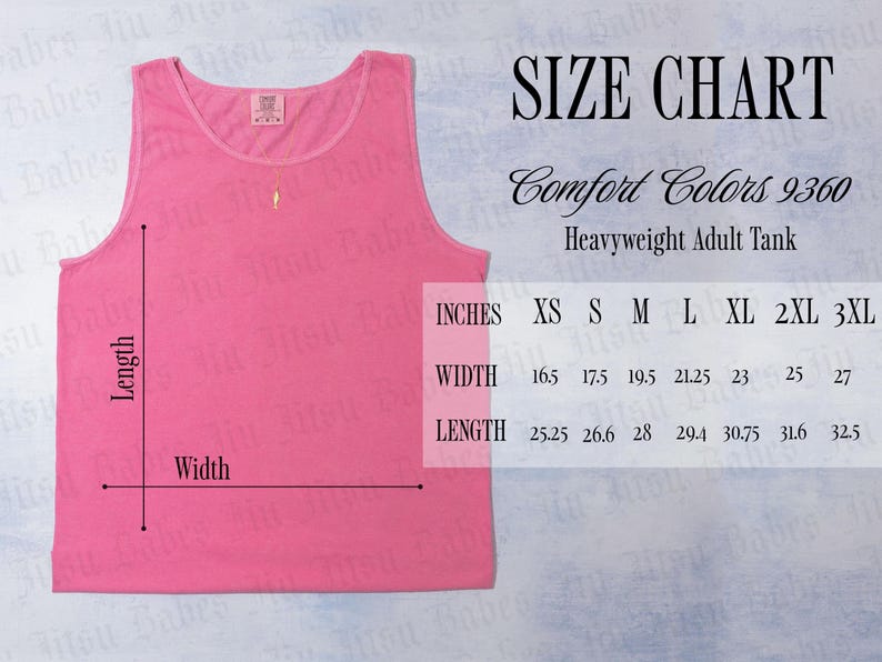May include: A pink heavyweight adult tank top with a size chart. The chart shows measurements in inches for width and length, ranging from XS to 3XL. The tank top has a small gold pendant.