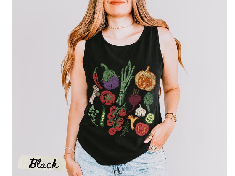 Hand Drawn Vegetables Tank Top, Comfort Colors Farmers Market Shirt Black