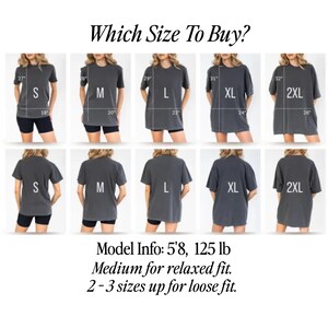 May include: A size guide for gray t-shirts, with measurements in inches. The image shows various sizes from S to 2XL, with front and back views. Text at the top reads "Which Size To Buy?" and model info is included.