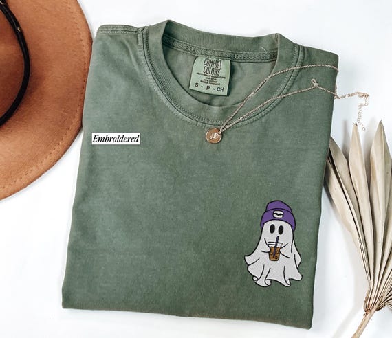 Embroidered Ghost Coffee Shirt, Comfort Colors Halloween Tee