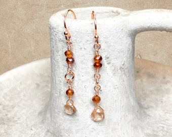 Rose Gold Filled Earrings with Imperial Topaz Briolette and Tundra Sapphire Accents, Wire Wrapped Dangle Drop Jewelry, Handmade Gift