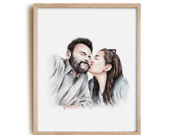 Portrait de personnes au trait aquarelle, dessin à la plume et encre, cadeaux pour le couple, oeuvre d'art personnalisée, portrait de famille personnalisé