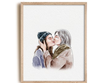 Aangepaste aquarelportret van foto, gepersonaliseerd huwelijkscadeau, verjaardagscadeaus voor vrouw-man, paarportret, familiecadeau