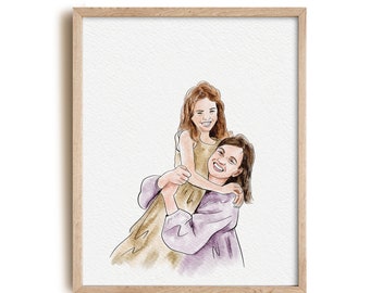 Watercolour People Portrait, Pen and Ink Drawing, Gifts For The Couple, Personalised Art, Custom family portrait