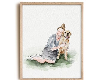 Personalised Portrait with Pet, Watercolor Portrait with Pet, Pet family Drawing from Photo, Anniversary Gift, Couple And Pet