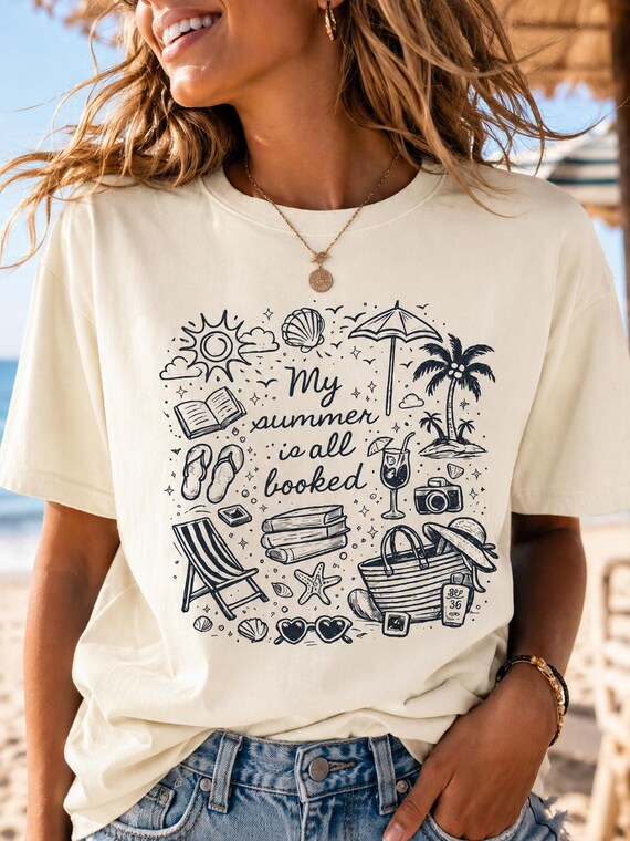 Summer Beach Tee, Book Lover Shirt, Reading T-Shirt, Comfort Colors 1717 Tee, Beach Doodle Graphic, Reader Gift for Women