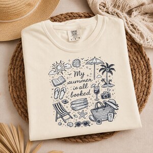 Summer Beach Tee, Book Lover Shirt, Reading T-Shirt, Comfort Colors 1717 Tee, Beach Doodle Graphic, Reader Gift for Women Ivory