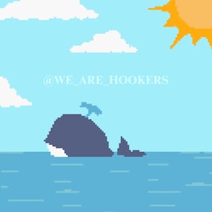 May include: Pixel art image of a whale in the sea under a blue sky with clouds and a sun. The whale is dark blue with a white belly. The text "@WE_ARE_HOOKERS" is in the centre of the image.