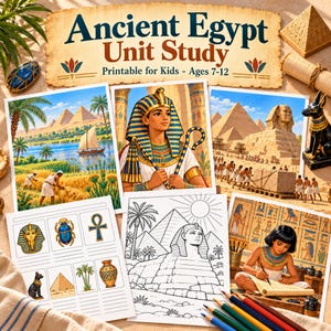 Ancient Egypt Unit Study for Kids, Homeschool History Printable, Pyramids Pharaohs Mummies Worksheets, Coloring Pages, Instant PDF