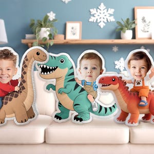 Personalisiertes Foto Gesicht Kissen, Benutzerdefinierte Kinder Dinosaurier reiten Kissen, lustiges hässliches Kissen, Dinosaurier geformtes Kissen, Halloween Geschenke, Geburtstagsgeschenk
