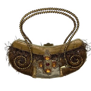 Vintage Mary Frances Beaded Gold Bling Hand Decorated Purse Handbag Faux Gems Y2K Top Handle Fringe