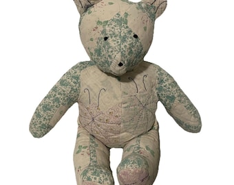Vintage Hand Made Quilted Teddy Bear 23” Pinks Green Floral Patched Quilts Embroidered Cutter Quilt
