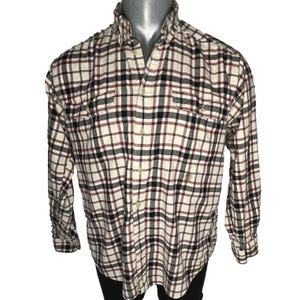 Vintage 90’s Tommy Hilfiger Mens M Embroidered Crest Logo Plaid Red Blue Button Down Shirt Front Pockets  Preppy