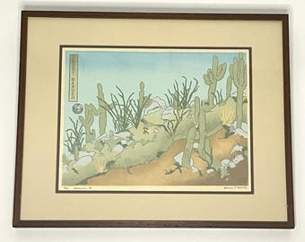 Vintage Southwest Woodblock Print Desert Garden Signed Framed Cactus Art 20 x 15 Dennis P Roberts Arizona