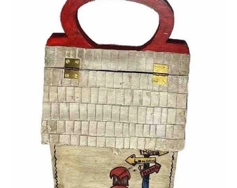 VTG 1970 sac à main en bois rouge havane peint à la main ferme Cottagecore professeur d'école