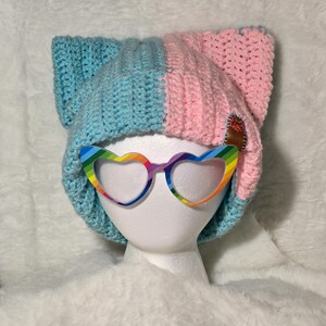 crochet cat ear beanie handmade | cotton candy blue and pink