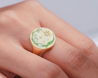 Custom Birth Flower Ring, Flower Enamel Ring, Lily Of The Valley Flower, Floral Jewelry, Birthday Gift , Personalized Gift For Women