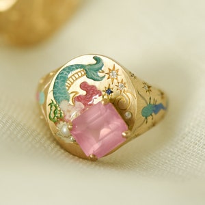 Personalized Mermaid Enamel Ring, The Mermaid Tale, Pink Gemstone Ring, Hand Painted Jewelry