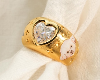 Custom Heart Ring, Pet Enamel Ring, Vintage Moissanite Ring, Pet Keepsake, Personalized Jewelry, Pet Memorial, Dog Memorial, Christmas Gift