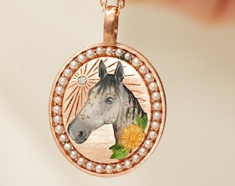 Custom Horse Enamel Jewelry, Natural Pearl Necklace, Horse Memorial, Handmade Birthday Gift