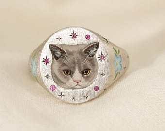 Custom Cat Portrait Ring, Pet Enamel Jewelry, Pet Tribute, Personalized Gift For Pet Lover