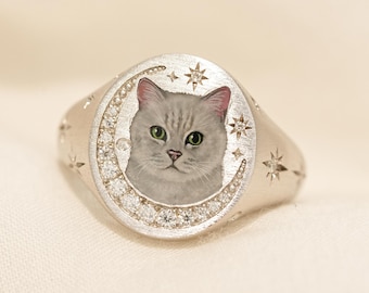 Custom Pet Portrait Ring, Cat Enamel Jewelry, Pet Tribute, Personalized Gift, Birthday Gift