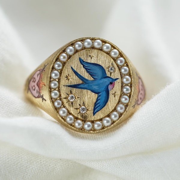 Custom Blue Bird Enamel Ring, Hand Painted Jewelry, Natural Pearl Ring,  Personalized Gift, Birthday Gift