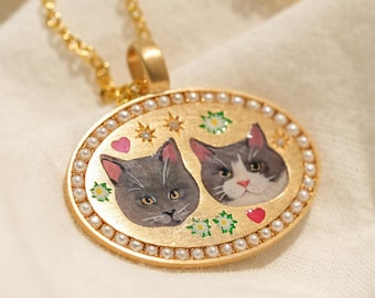 2 Pets Picture Necklace, Cat Charm Necklace, Pet Enamel Necklace, Natural Pearl Necklace, Pet Keepsake, Personalized Pet Jewelry, Pet Gift