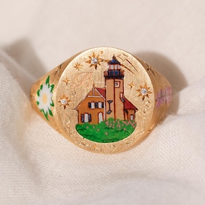 Custom Castle Enamel Ring, Picture Ring, Hand Painted Ring, Memorial Rings For Women, Enamel Jewelry, Birthday Gift, Christmas Gift