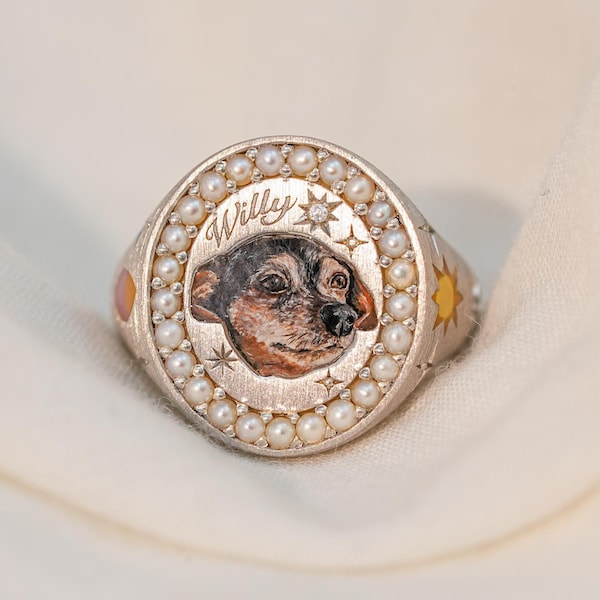Custom Pearl Ring, Pet Enamel Ring, Dog Face Ring, Pet Keepsake, Dog Memorial Gift, Personalized Gift, Birthday Gift For Her