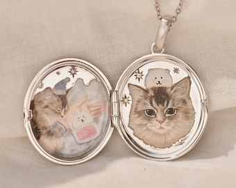 Aangepaste huisdier medaillon ketting, katten emaille sieraden, huisdier aandenken, handgeschilderde sieraden