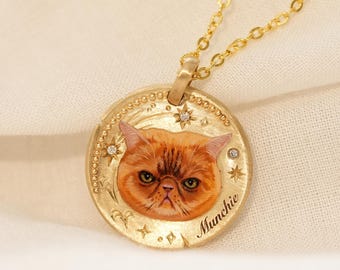 Vintage Cat Enamel Necklace, Hand Painted Jewelry, Pet Memorial, Cat Gift For Pet Lover