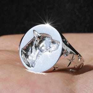 Custom Dog Portrait Signet Ring, Pet Memorial Ring, Hand Etching Jewelry, Personalized Gift For Pet Lover