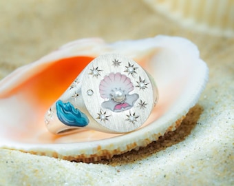 Custom Oyster Ring, Clam Enamel Ring, Picture Ring, Natural Pearl Ring, Personalized Jewelry For Women, Birthday Gift, Christmas Gift