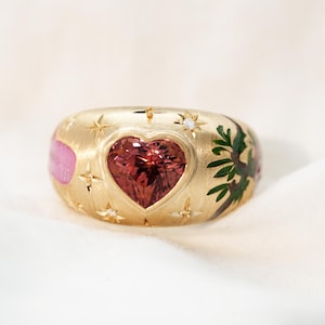 Custom Heart Ring, Vintage Pomegranate Enamel Ring, Tourmaline Ring, Personalized Pet Jewelry, Pet Memorial, Dog Memorial, Personalized Gift