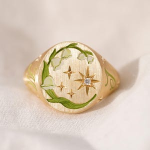Custom Birth Flower Ring, Flower Enamel Ring, Lily Of The Valley Flower, Hand Painted Jewelry, Birthday Gift , Personalized Gift For Her