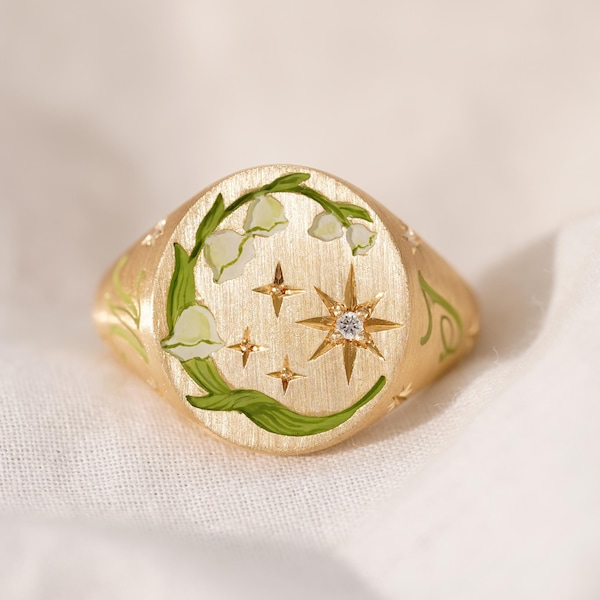 Custom Birth Flower Ring, Flower Enamel Ring, Lily Of The Valley Flower, Hand Painted Jewelry, Birthday Gift , Personalized Gift For Her