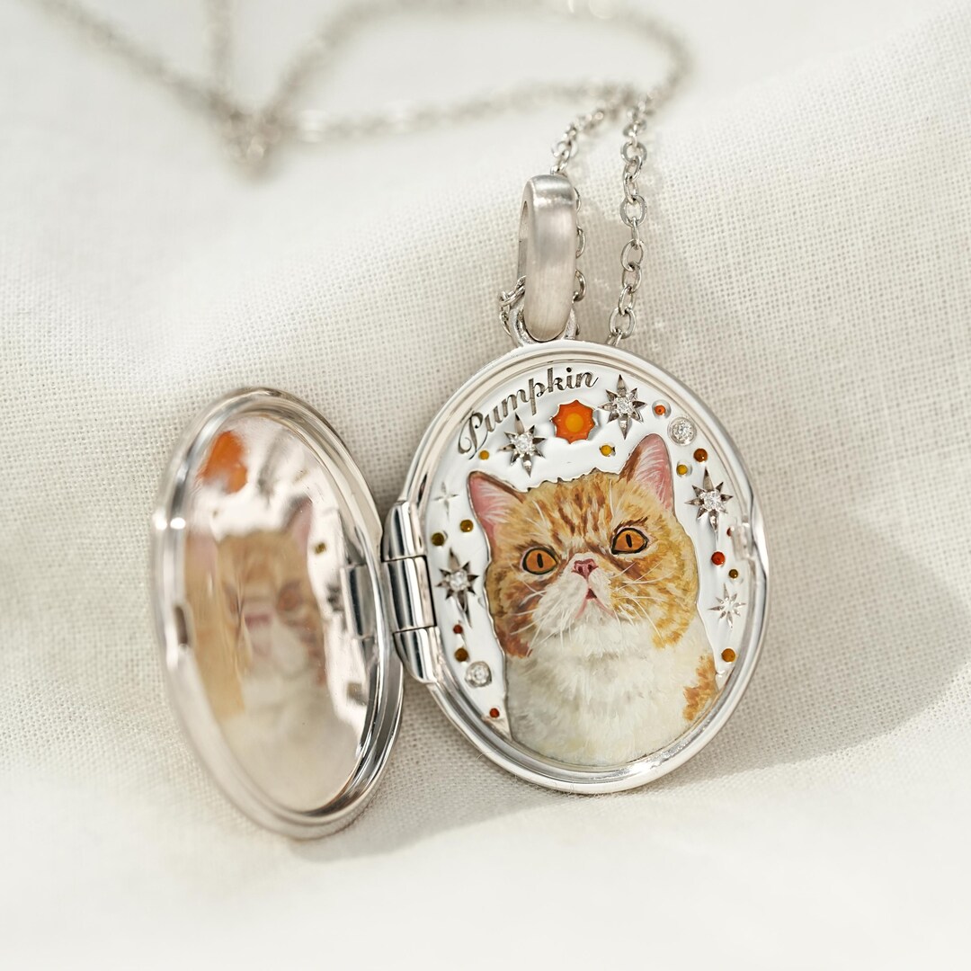 Vintage Locket Necklace, Cat Enamel Necklace, Pet Keepsake ...