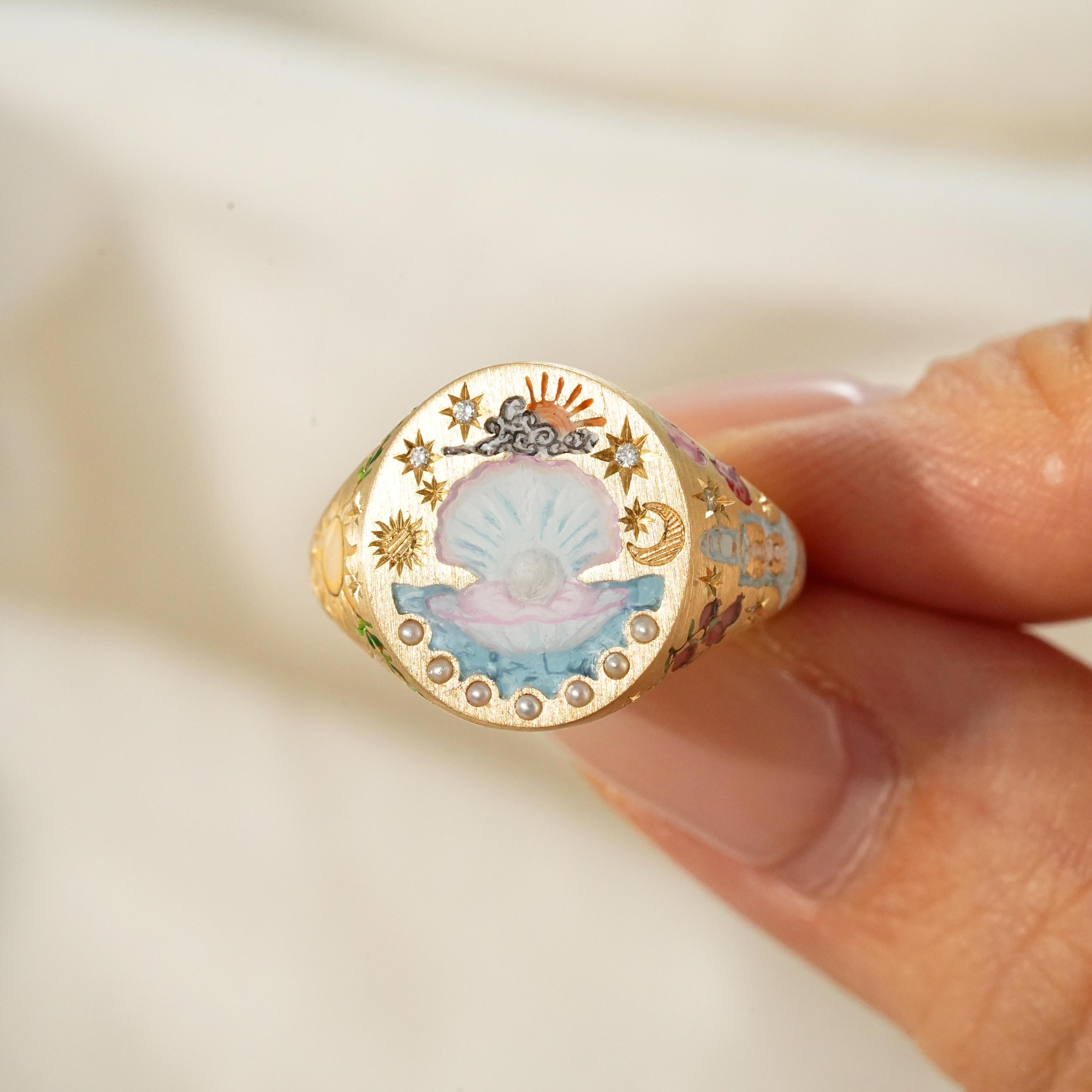 Clam Rinbg Custom Clam Signet Ring, Oyster Enamel Ring, Hand Painted Jewelry, Pet ...