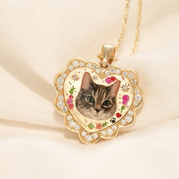 Custom Heart Necklace, Cat Enamel Jewelry, Pet Tribute, Hand Painted Necklace, Birthday Gift