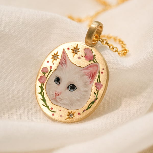 Custom Cat Portrait Necklace, Pet Enamel Necklace, Cat Keepsake, Handmade Gifts For Her, Pet Loss , Birthday Gift