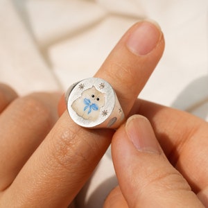 Personalized Pet Photo Ring, Cat Dog Memorial Ring, Cartoon Design, Custom Enamel Ring, Pet Keepsake